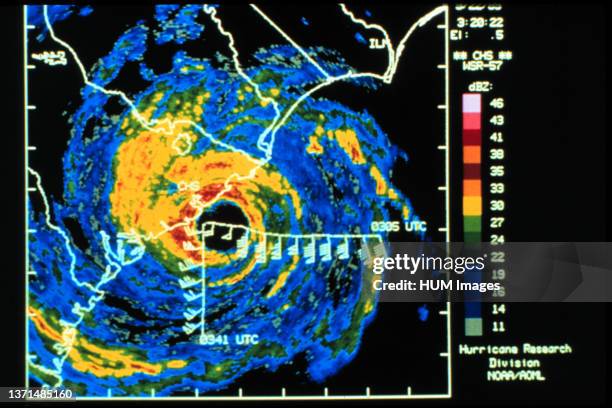 Digitized Charleston WSR-57 radar image of Hurricane Hugo with superimposed winds ca. 1989.