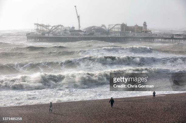 Large waves hit Brighton beach during Storm Eunice on February 18, 2022 in Brighton, England. (Photo by Chris Gorman/Getty Images