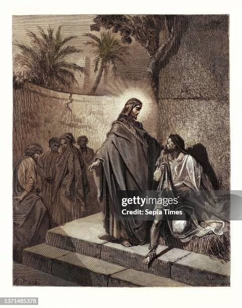 Jesus Healing the Man Sick of the Palsy, by Gustave Dore, 1832 - 1883, French. Engraving for the Bible. 1870, artist, Holy Book, Religion, Religious,...