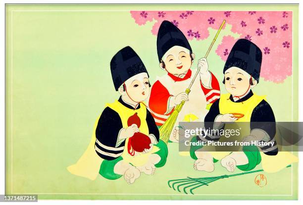 Hikifuda advertising poster depicting three young boys with a bottle gourd and gardening implements. It has been left blank so that the printer can...