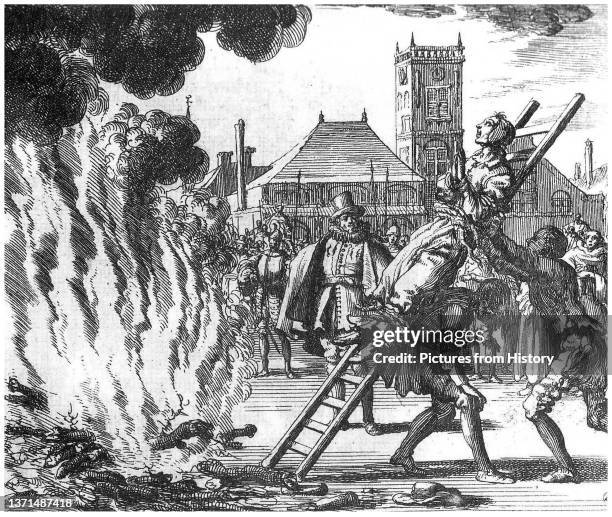 The burning of a 16th-century Dutch Anabaptist, Anneken Hendriks, who was charged by the Spanish Inquisition with heresy, Amsterdam, 1571. Engraving...