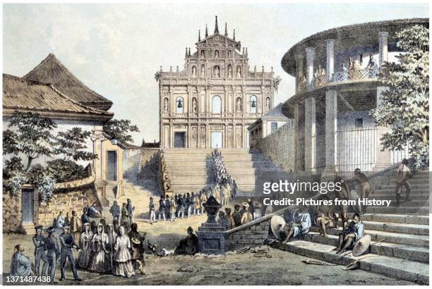 The facade of St. Paul's Church, titled 'Jesuit Convent, Macau', Wilhelm Heine , colour lithograph, 1854.