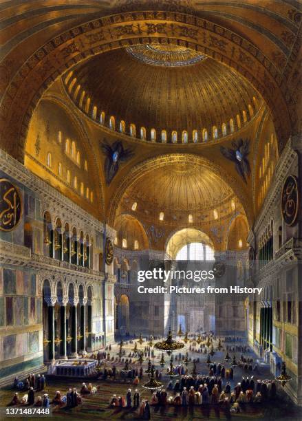The interior of Hagia Sophia/Ayasofya as a mosque c. 1850, artwork by Gaspare Fossati, lithograph by Louis Haghe, 1852.