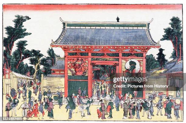 Gate of the Thunder God Raijin and the Wind God Fujin at Kinryuzan Temple in Asakusa, Katsushika Hokusai , 1790.