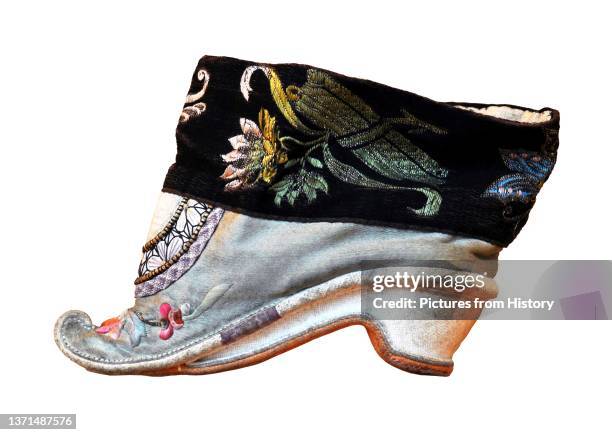 'Lotus Shoes' for women with bound feet. The ideal length for a bound foot was 10cm or around 4 inches in size. 18th-19th century.