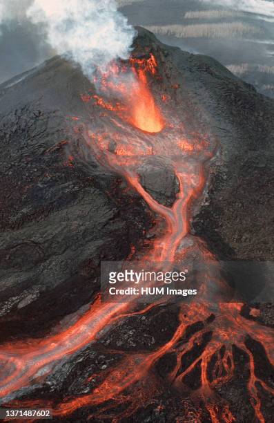 Aerial view, from the east, of waning lava fountain from Pu'u 'O'o on Hawai'i Island's Kilauea Volcano. Taken at the end of eruption episode 32. Pu'u...