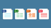 File format extensions. doc, xls, ppt, pdf file format document icons