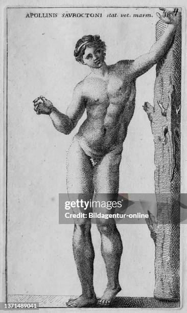 Der romische Gott Apollo, Marmorstatue aus dem Museo Clementino, historisches Rom, aus Calcografia di Roma, Serafino Giovannini, 1779 .