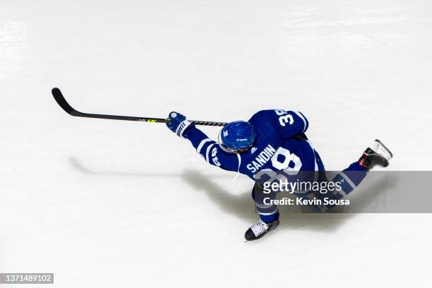 Rasmus Sandin of the Toronto Maple Leafs during warm ups before playing the Pittsburgh Penguins at the Scotiabank Arena on February 17, 2022 in...