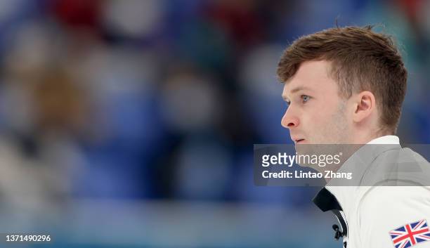 Bruce Mouat of Team Great Britain competes against Team Sweden during the Men's Curling Gold Medal Game on Day 14 of the Beijing 2022 Winter Olympic...