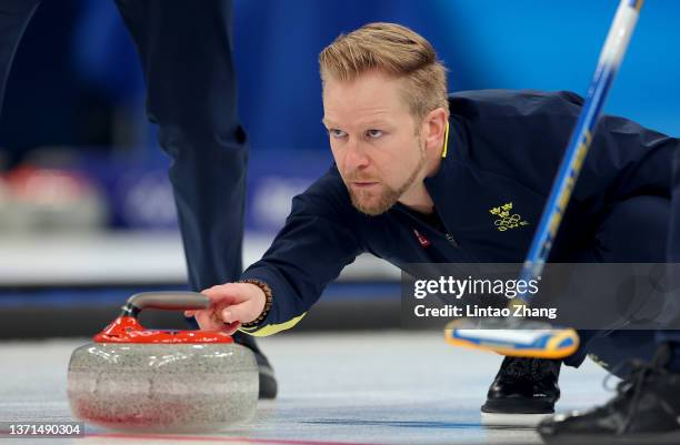 Niklas Edin of Team Sweden competes against Team Great Britain during the Men's Curling Gold Medal Game on Day 14 of the Beijing 2022 Winter Olympic...