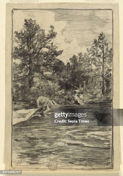 River and Trees, Walter Shirlaw, American, b. Scotland, 1838Ð1909, Graphite on white laid paper, A river, flowing swiftly from right to left, rolls...