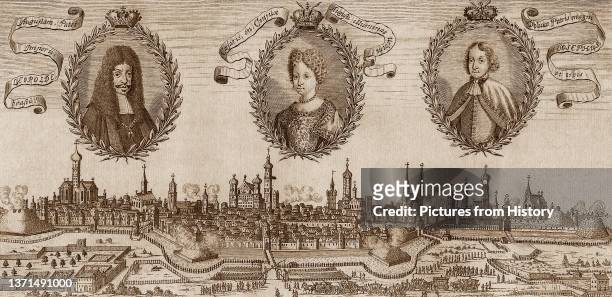 Portrait medallions of Leopold I , 37th Holy Roman emperor, his wife Eleonore Magdalene and his son King Joseph I, over a view of Augsburg. Copper...