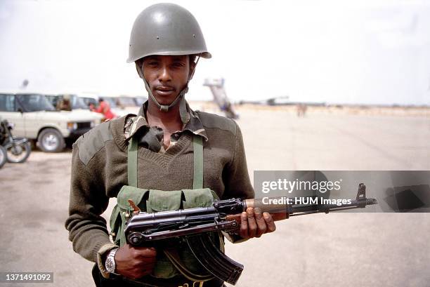 Somalia soldier, armed with a Soviet designed AKM assault rifle, participates in the joint Exercise BRIGHT STAR '83..