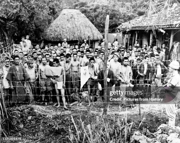 Japanese prisoners of war at Okuku after their surrender. Battle of Okinawa, May 1945.