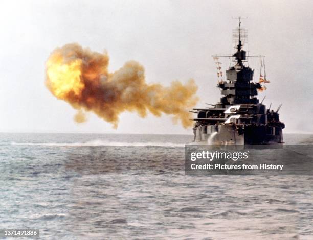 The USS Idaho, a New Mexico-class battleship, shelling Okinawa on 1 April 1945.