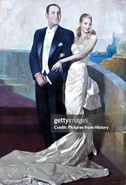 Official portrait of President Juan Peron and his wife Eva Peron, First Lady of Argentina , oil on canvas, Numa Ayrinhac, 1948.