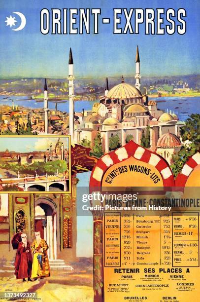 Vintage Orient Express poster featuring Istanbul's Sulemaniye Mosque and two veiled women, Rafael de Ochoa y Madrazo , 1891.