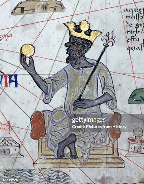 Mansa Musa, King of Mali, holding a sceptre and a piece of gold as represented in the Catalan Atlas, by the Jewish illustrator Cresques Abraham, 1375.