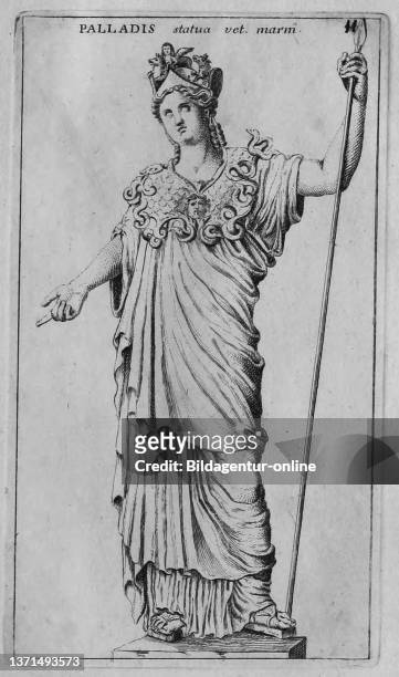 Die romische Gottin Pallas, Palade, Marmorstatue aus dem antiken Rom, aus Calcografia di Roma, Serafino Giovannini, 1779 .