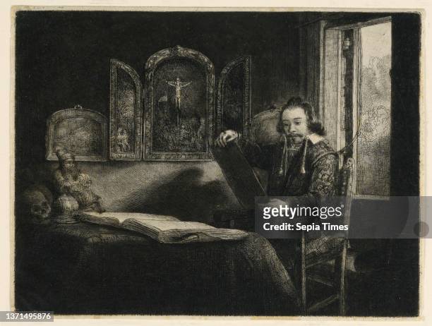 Abraham Francen, Apothecary, Rembrandt Harmensz van Rijn, Dutch, 1606Ð1669, Etching on laid paper, A man is seated before a table, facing left,...