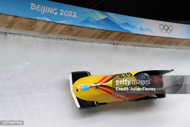 Laura Nolte and Deborah Levi of Team Germany slide during the 2-woman Bobsleigh Heat 3 on day 15 of Beijing 2022 Winter Olympic Games at National...