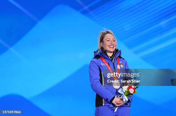 Bronze Medallist Francesca Lollobrigida of Team Italy poses with their medal during the Women's Mass Start medal ceremony on Day 15 of the Beijing...