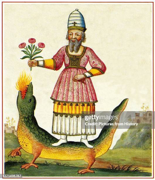 Zoroaster standing atop a fire-breathing salamader or similar mythological creature. From the alchemical manuscript Clavis Artis, 1738.