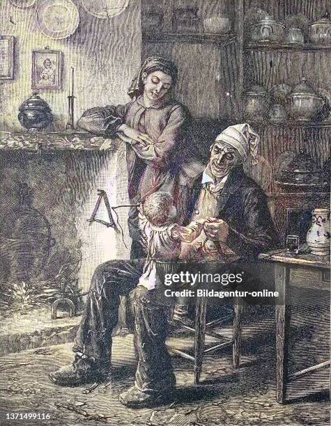 Grandfather plays with the grandson on his knee, Grossvater spielt mit dem Enkel auf dem Knie, digital improved reproduction of an original print...