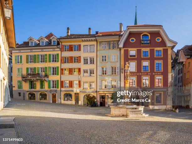 view of the historic old town of biel bienne - multilingual stock pictures, royalty-free photos & images