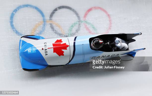 Melissa Lotholz and Sara Villani of Team Canada slide during the 2-woman Bobsleigh Heat 3 on day 15 of Beijing 2022 Winter Olympic Games at National...