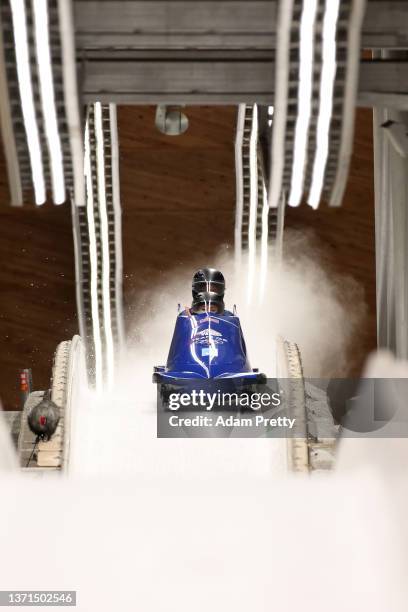 Mica Mcneill and Montell Douglas of Team Great Britain slide during the 2-woman Bobsleigh Heat 3 on day 15 of Beijing 2022 Winter Olympic Games at...