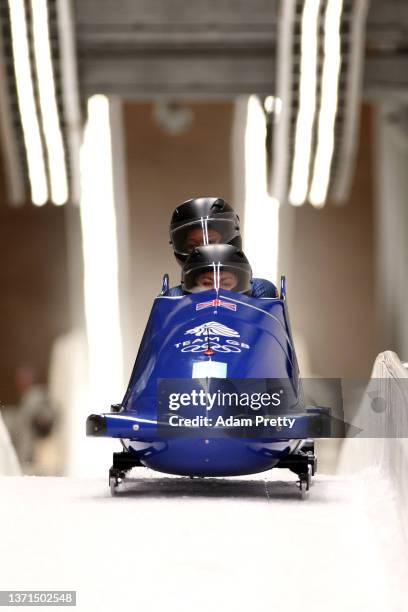 Mica Mcneill and Montell Douglas of Team Great Britain slide during the 2-woman Bobsleigh Heat 3 on day 15 of Beijing 2022 Winter Olympic Games at...