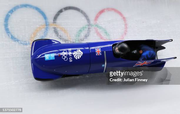 Mica Mcneill and Montell Douglas of Team Great Britain slide during the 2-woman Bobsleigh Heat 3 on day 15 of Beijing 2022 Winter Olympic Games at...