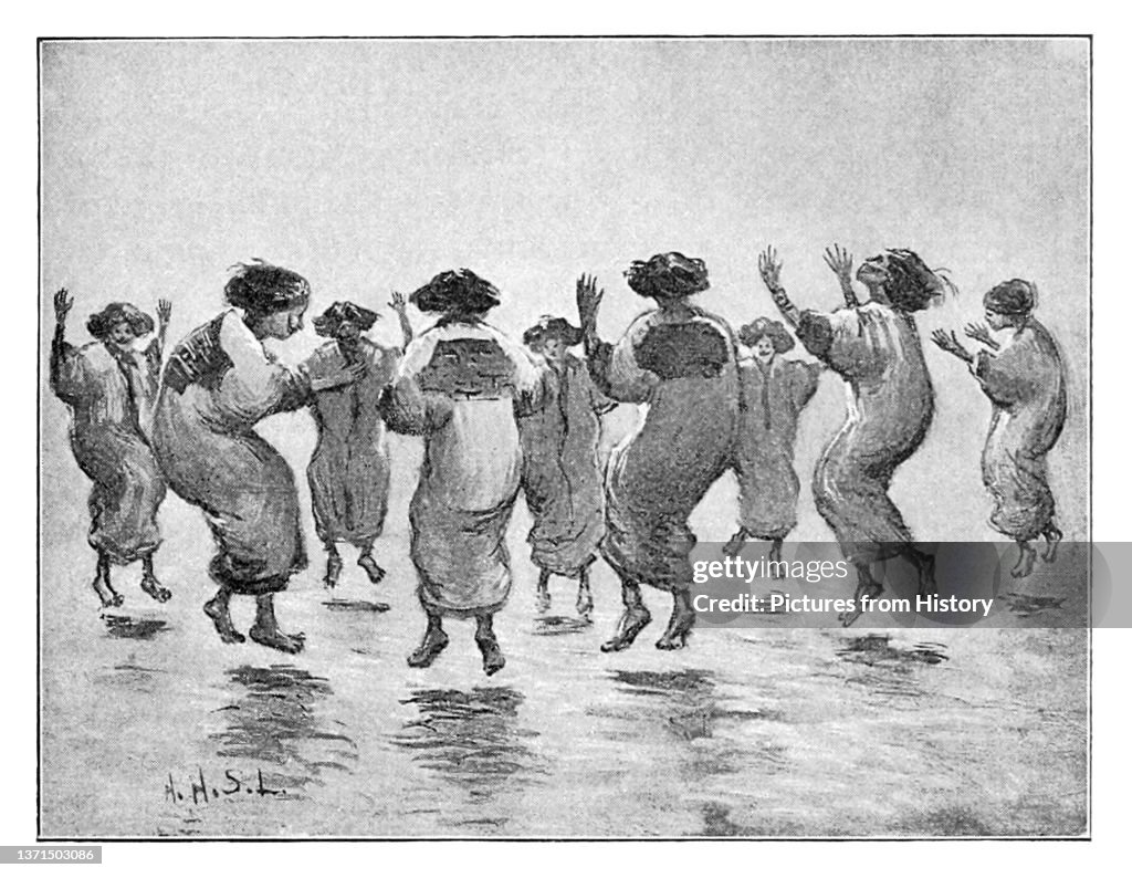 Japan: 'Ainu Women Dancing, Piratori', Saru River, Hidaka Mountains, Hokkaido, 1892. Arnold Henry Savage Landor, Alone with the Hairy Ainu, London, 1893