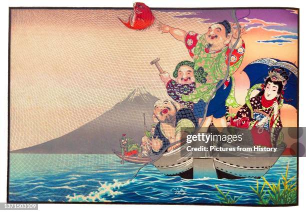 Hikifuda advertising poster depicting the seven Lucky Gods or shichifukujin fishing. It has been left blank so that the printer can add the text...