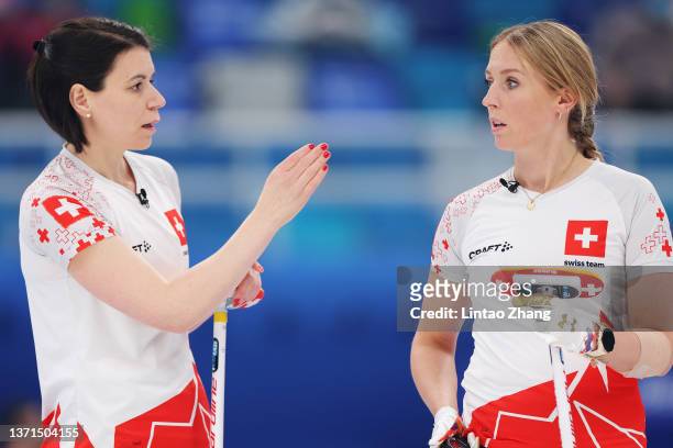 Esther Neuenschwander and Melanie Barbezat of Team Switzerland look on while competing against Team Sweden during the Women's Bronze Medal Game on...
