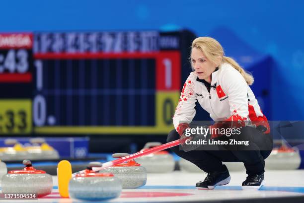 Silvana Tirinzoni of Team Switzerland competes against Team Sweden during the Women's Bronze Medal Game on Day 14 of the Beijing 2022 Winter Olympic...