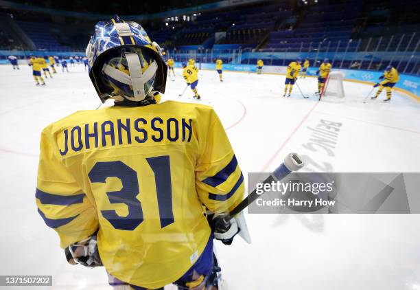 Lars Johansson of Team Sweden warms up before the Men's Ice Hockey Bronze Medal match between Team Sweden and Team Slovakia on Day 15 of the Beijing...