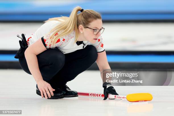 Alina Paetz of Team Switzerland competes against Team Sweden during the Women's Bronze Medal Game on Day 14 of the Beijing 2022 Winter Olympic Games...