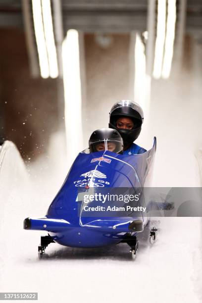 Mica Mcneill and Montell Douglas of Team Great Britain slide during the 2-woman Bobsleigh Heat 4 on day 15 of Beijing 2022 Winter Olympic Games at...