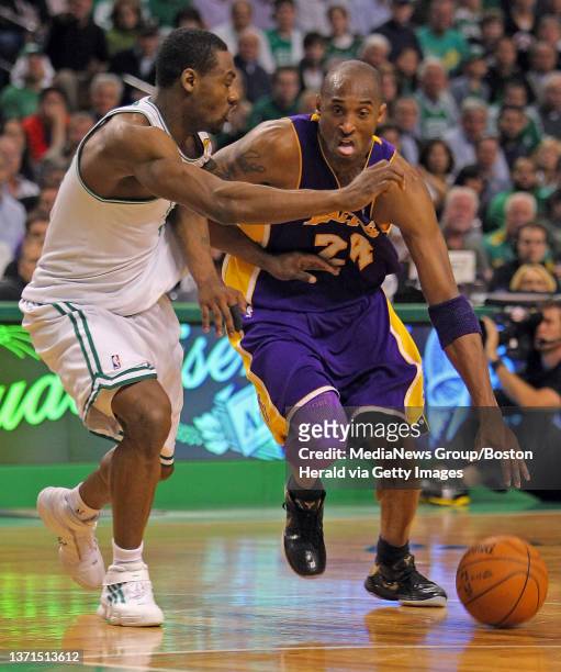 Boston Celtics guard Tony Allen guards Los Angeles Lakers guard Kobe Bryant in the fourth quarter of Game 4 of the NBA Finals at the TD Garden...