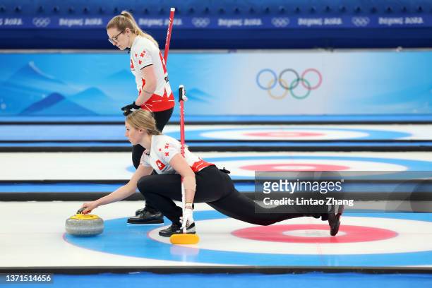 Melanie Barbezat and Alina Paetz of Team Switzerland compete against Team Sweden during the Women's Bronze Medal Game on Day 14 of the Beijing 2022...