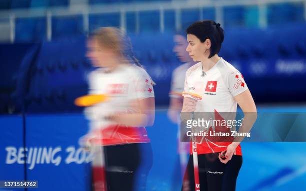 Esther Neuenschwander of Team Switzerland competes against Team Sweden during the Women's Bronze Medal Game on Day 14 of the Beijing 2022 Winter...