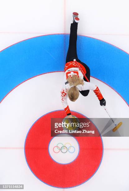Silvana Tirinzoni of Team Switzerland competes against Team Sweden during the Women's Bronze Medal Game on Day 14 of the Beijing 2022 Winter Olympic...