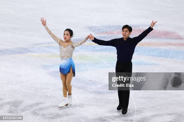 Wenjing Sui and Cong Han of Team China react after skating during the Pair Skating Free Skating on day fifteen of the Beijing 2022 Winter Olympic...