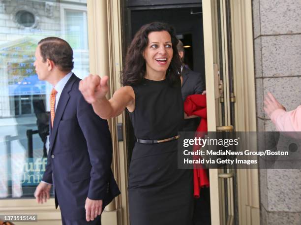 Juliette Kayyem, candidate for Governor of Massachusetts, walks out smiling after the Boston Herald/ Suffolk University debate at Suffolk University....