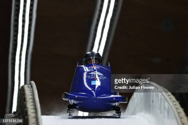 Mica Mcneill and Montell Douglas of Team Great Britain slide during the 2-woman Bobsleigh Heat 4 on day 15 of Beijing 2022 Winter Olympic Games at...