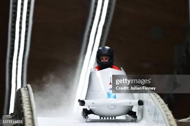 Anastasiia Makarova and Elena Mamedova of Team ROC slide during the 2-woman Bobsleigh Heat 4 on day 15 of Beijing 2022 Winter Olympic Games at...