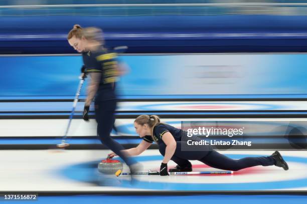 Sara McManus of Team Sweden competes against Team Switzerland during the Women's Bronze Medal Game on Day 14 of the Beijing 2022 Winter Olympic Games...